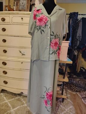 Robbie Bee Vintage 100% Silk Hand-Painted Floral Maxi Set Size 12